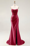 Mermaid Corset Beaded Strapless Blush Long Prom Dress With Slit
