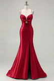 Fuchsia Mermaid Cut Out Satin Pleated Bowed Long Prom Dress with Slit