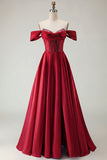 Off The Shoulder A Line Beaded Satin Purple Long Prom Dress with Slit