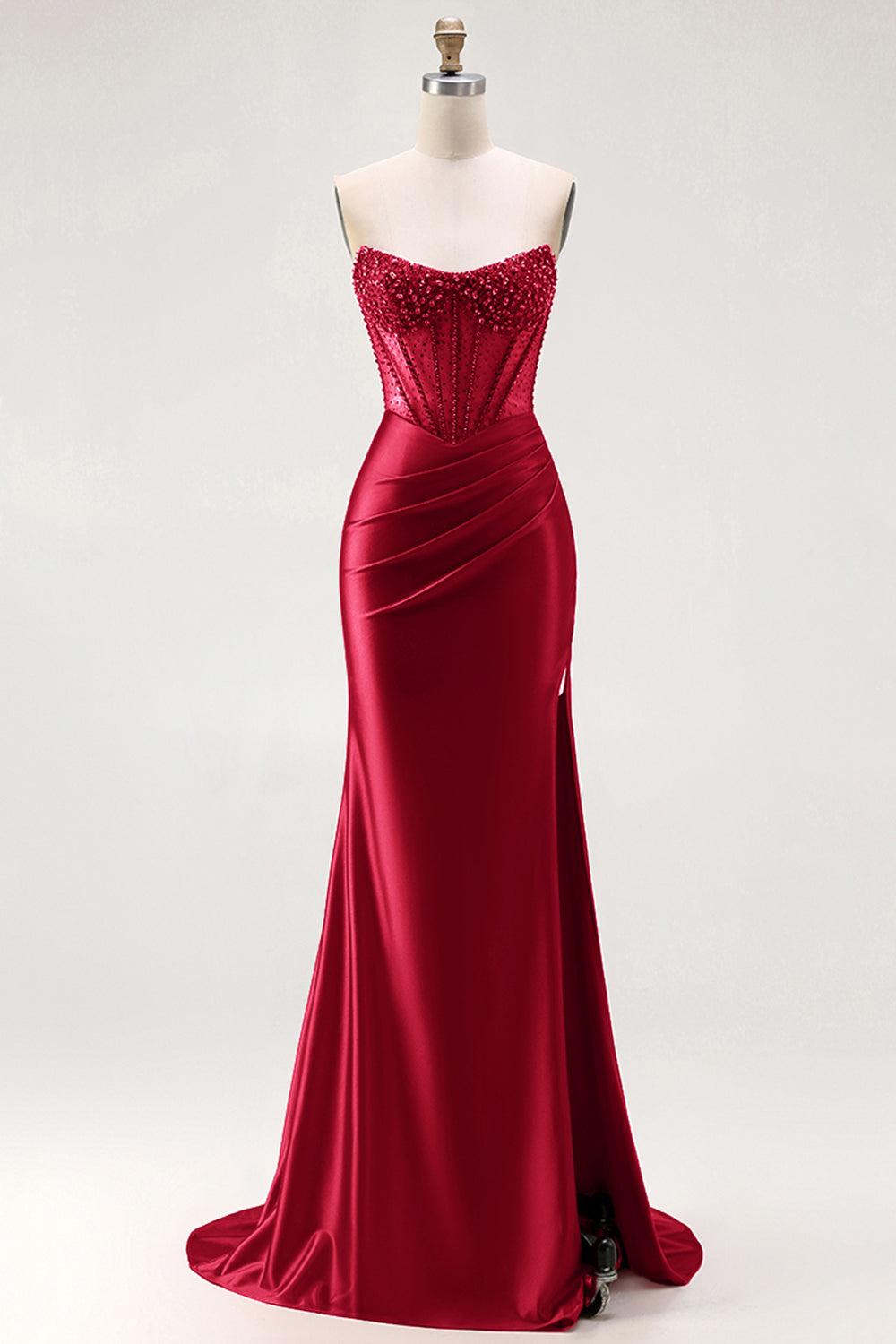 red ruched satin dress KissProm