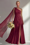 Burgundy A Line One Shoulder Chiffon Long Bridesmaid Dress with Slit