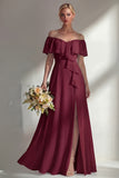 Burgundy A Line Off the Shoulder Long Bridesmaid Dress with Ruffles