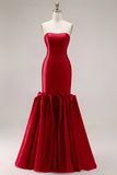 Fuchsia Strapless Satin Mermaid Long Prom Dress with 3D Flowers