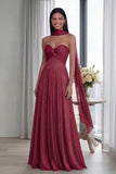 Sky Blue Strapless A Line Pleated Long Formal Dress with Ribbon