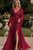 Dark Grey Mermaid Wrap Long Sleeves Ruffled Chiffon Long Mother of the Bride Dress