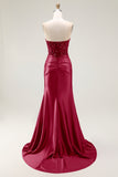 Strapless Beaded Mermaid Red Long Prom Dress with Slit