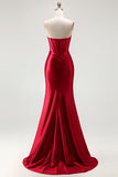 Red Strapless Mermaid Corset Beaded Ruched Satin Long Prom Dress with Slit