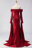 Dark Green Off The Shoulder Ruched Satin Mermaid Long Prom Dress with Long Sleeves
