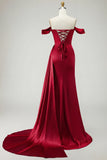 Golden Mermaid Off the Shoulder Beaded Pleated Satin Long Prom Dress with Slit