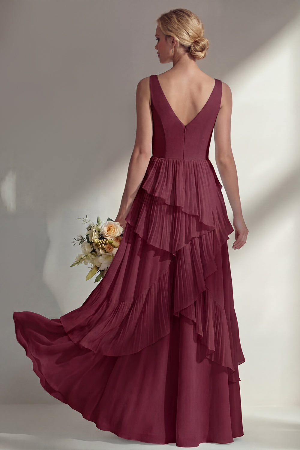 ZAPAKA Women Burgundy Bridesmaid Dress with Ruffles A-Line Chiffon V-Neck Long Wedding Guest Dress, Burgundy / US10
