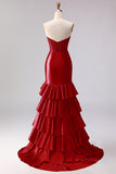 Red Mermaid Sweetheart Beaded Corset Ruffled Long Prom Dress with Slit