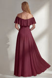 Burgundy A Line Off the Shoulder Long Bridesmaid Dress with Ruffles