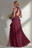 A Line Burgundy Halter Neck Chiffon Long Bridesmaid Dress with Ruffles