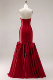 Fuchsia Strapless Satin Mermaid Long Prom Dress with 3D Flowers
