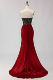 Strapless Mermaid Black Green Appliqued Lace Long Prom Dress with Slit