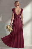 Chiffon Burgundy A Line Bateau Neck Long Bridesmaid Dress with Ruffles