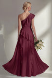 Butter Yellow A Line One Shoulder Chiffon Long Bridesmaid Dress with Ruffles