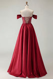 Off The Shoulder A Line Beaded Satin Purple Long Prom Dress with Slit