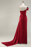 Green One Shoulder Ruched Sheath Long Prom Dress with Slit