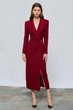 Red Peak Lapel Sheath Long Sleeve Work Dress with Slit
