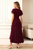 Glitter Black A Line Ruffle Holiday Party Dress with Sleeves