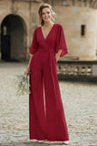 Simple Ivory V-Neck Wedding Jumpsuit with Pocket