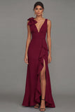 Dark Green Sheath V-Neck Ruffled Ruched Long Formal Dress with Slit