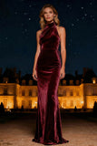 Purple Velvet Halter Sheath Long Formal Dress