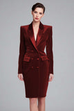 Red Velvet Bodycon Peak Lapel Midi Work Dress