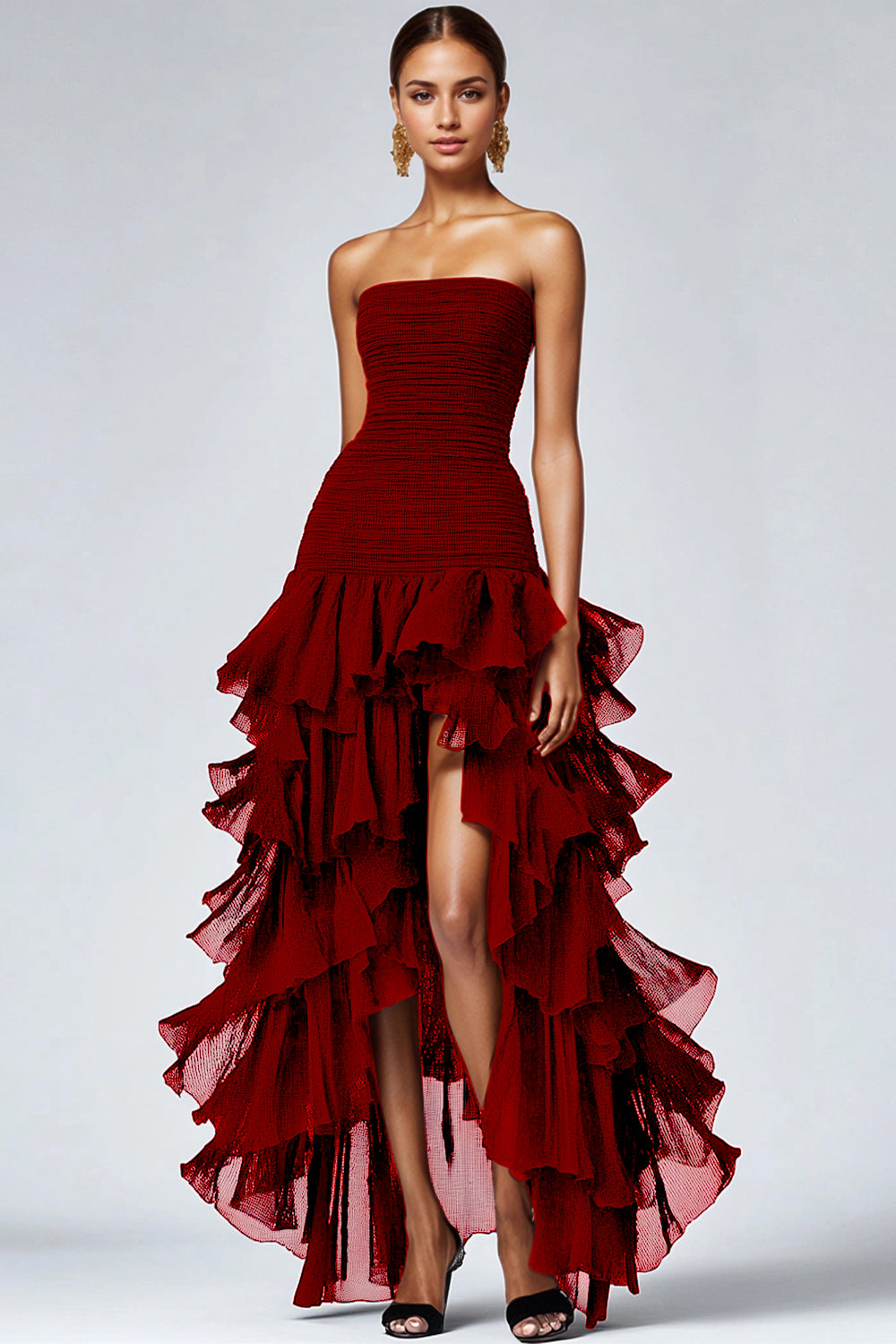 Zapaka Women Black Formal Dress With Slit Strapless Tulle Tiered Ruffles Evening Dress ZAPAKA Zapaka Women Black Formal Dress With Slit Strapless Tulle Tiered Ruffles Evening Dress ZAPAKA