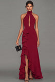 Black Sheath Halter Neck Ruffled Cut Out Long Formal Dress with Slit