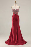Pink Mermaid Spaghetti Straps Beaded Corset Long Plus Size Prom Dress with Slit