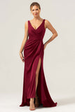 Dark Green Sheath V Neck Ruched High-Low Bridesmaid Dress with Slit