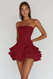 White Strapless A Line Tiered Matte Satin Graduation Dress