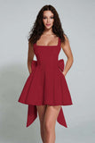 Ivory A Line Square Neck Backless Short Homecoming Dress with Back Giant Bow