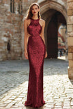 Sparkly Burgundy Sheath Halter Cut-Out Prom Dress