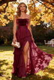 Khaki Sweetheart Tiered Ruffled A-Line Chiffon Maxi Dress with Slit