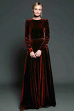 Dark Purple A-Line Velvet Long Formal Dress With Long Sleeves