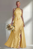 A Line Burgundy Halter Neck Chiffon Long Bridesmaid Dress with Ruffles