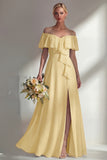 Burgundy A Line Off the Shoulder Long Bridesmaid Dress with Ruffles