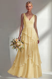 A Line Chiffon Burgundy V-Neck Long Bridesmaid Dress with Ruffles