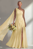 Burgundy A Line One Shoulder Chiffon Long Bridesmaid Dress with Slit