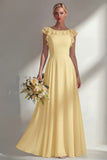 Chiffon Burgundy A Line Bateau Neck Long Bridesmaid Dress with Ruffles