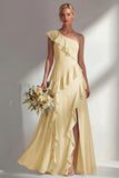 Butter Yellow A Line One Shoulder Chiffon Long Bridesmaid Dress with Ruffles