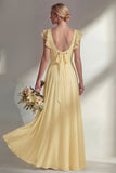 Chiffon Burgundy A Line Bateau Neck Long Bridesmaid Dress with Ruffles