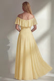 Burgundy A Line Off the Shoulder Long Bridesmaid Dress with Ruffles