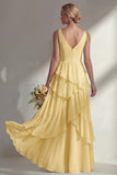 A Line Chiffon Burgundy V-Neck Long Bridesmaid Dress with Ruffles