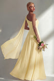 Burgundy A Line One Shoulder Chiffon Long Bridesmaid Dress with Slit