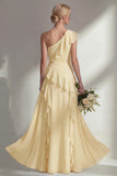 Butter Yellow A Line One Shoulder Chiffon Long Bridesmaid Dress with Ruffles