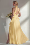 A Line Burgundy Halter Neck Chiffon Long Bridesmaid Dress with Ruffles